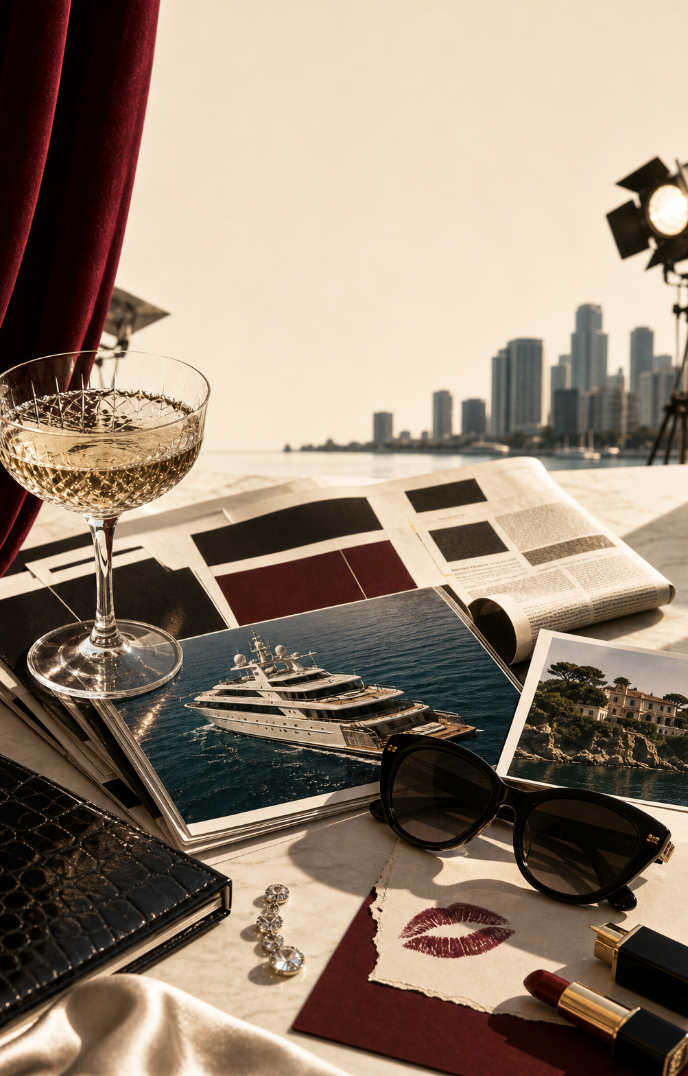 Editorial still life with champagne, newspaper, yacht photograph, sunglasses, and studio lights.